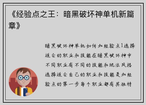 《经验点之王：暗黑破坏神单机新篇章》